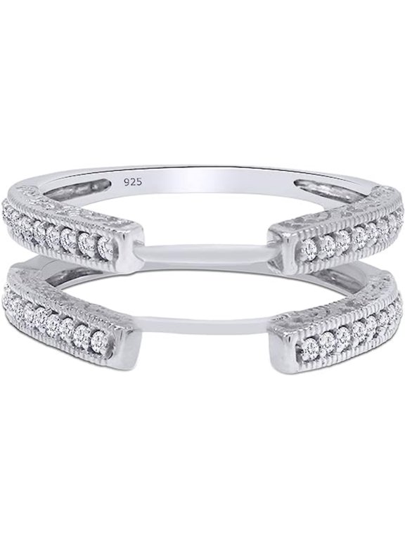 Created Round Cut Moissanite White Diamond 925 Sterling Silver 14K White Gold Finish Cathedral Milgrain Wedding /Engagement Warp Guard Enhancer Ring For Women