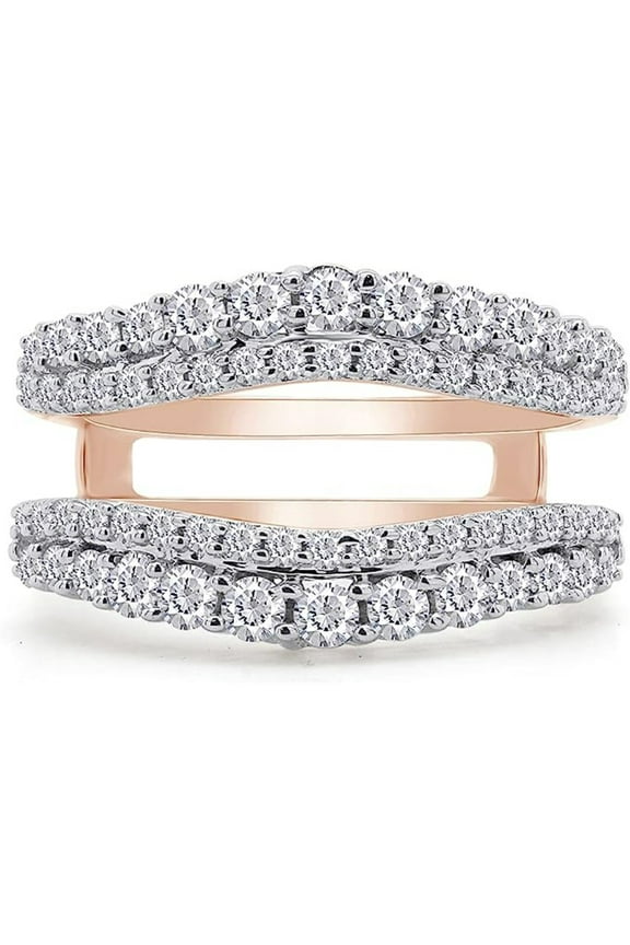 Created Round Cut Moissanite White Diamond 925 Sterling Silver 14K Rose Gold Finish Double Row Curved Wedding /Engagement Warp Guard Enhancer Ring For Women