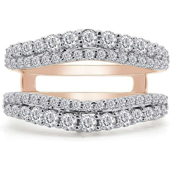 Jewelsyard Created Round Cut Moissanite White Diamond 925 Sterling Silver 14K Rose Gold Finish Double Row Curved Wedding /Engagement Warp Guard Enhancer Ring For Women