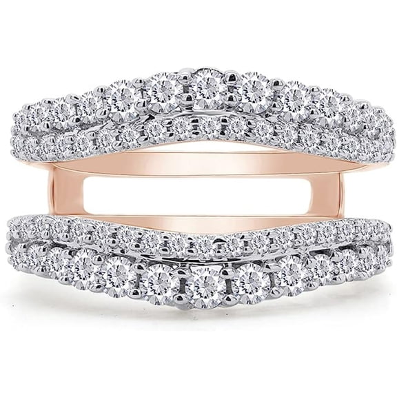 Jewelsyard Created Round Cut Moissanite White Diamond 925 Sterling Silver 14K Rose Gold Finish Double Row Curved Wedding /Engagement Warp Guard Enhancer Ring For Women