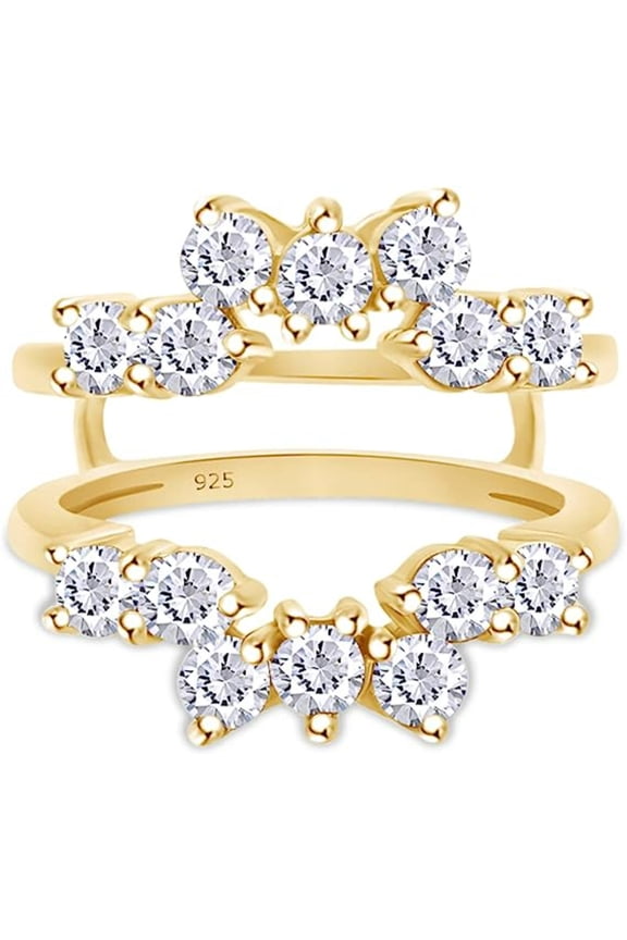 Created Round Cut Moissanite White Diamond 925 Sterling Silver 14K Yellow Gold Finish Sunburst Halo Wedding /Engagement Warp Guard Enhancer Ring For Women