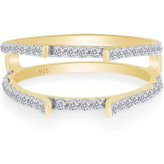 Jewelsyard Created Sparkling Moissanite Round Cut White Diamond 925 Sterling Silver 14K Yellow Gold Finish Cathedral Ring Wedding Engagement Enhancer Guard Ring Gift For Women