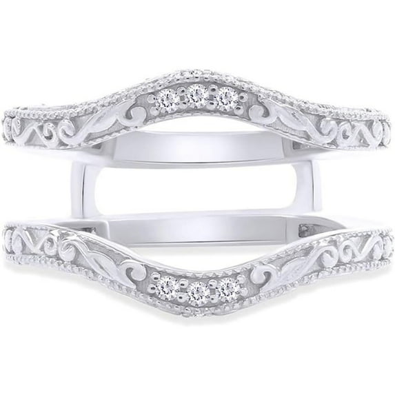 Jewelsyard Created Sparkling Round Cut Moissanite White Diamond 925 Sterling Silver 14K White Gold Finish Filigree Vintage Ring Enhancer Guard Ring Gift For Women