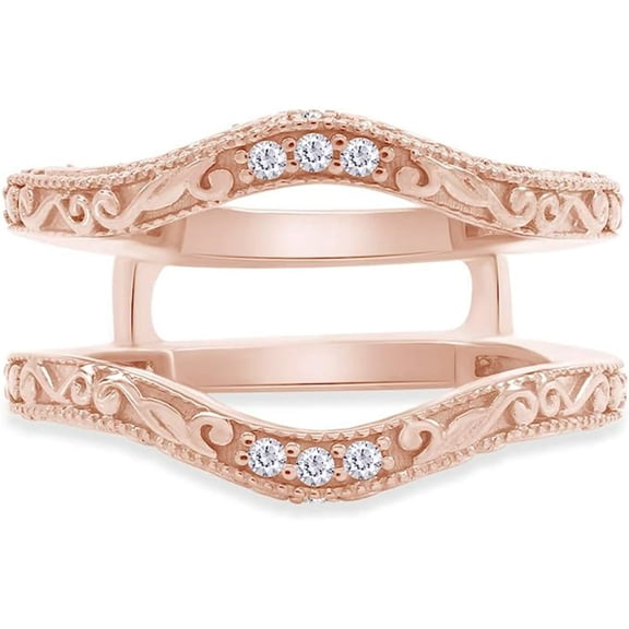 Jewelsyard Created Sparkling Round Cut Moissanite White Diamond 925 Sterling Silver 14K Rose Gold Finish Filigree Vintage Ring Enhancer Guard Ring Gift For Women