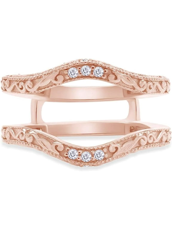 Created Sparkling Round Cut Moissanite White Diamond 925 Sterling Silver 14K Rose Gold Finish Filigree Vintage Ring Enhancer Guard Ring Gift For Women