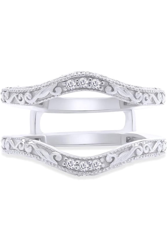 Created Sparkling Round Cut Moissanite White Diamond 925 Sterling Silver 14K White Gold Finish Filigree Vintage Ring Enhancer Guard Ring Gift For Women