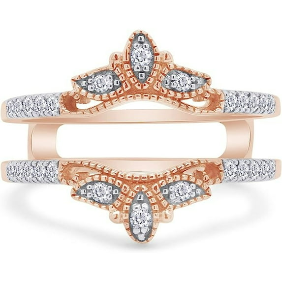 Jewelsyard Created Sparkling Round Cut White Diamond Real 925 Sterling Silver 14K Rose Gold Finish Filigree Vintage Moissanite Warp Guard Engagement Enhancer Ring Gift For Women