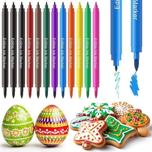 Jewem Edible MarkersITSCfor Cookie Decorating,12Pcs Food Coloring Pens, Double Side Food Grade Pens with Fine & Thick Tip for Decorating Fondant, Cakes, Cookies, Easter Eggs, Frosting, Macaron