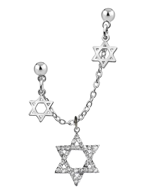 Jewish Double Hole Earring, Beautiful Genuine Austrian Crystal Silvertone Star Of David,Hanging Between Two Small Stars. Easy To Move To Different Holes. What A Great Gift For Yourself, Or A Friend