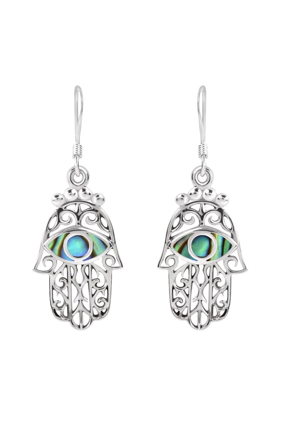 Jewish Hamsa Hand Abalone Shell Protection .925 Silver Earrings
