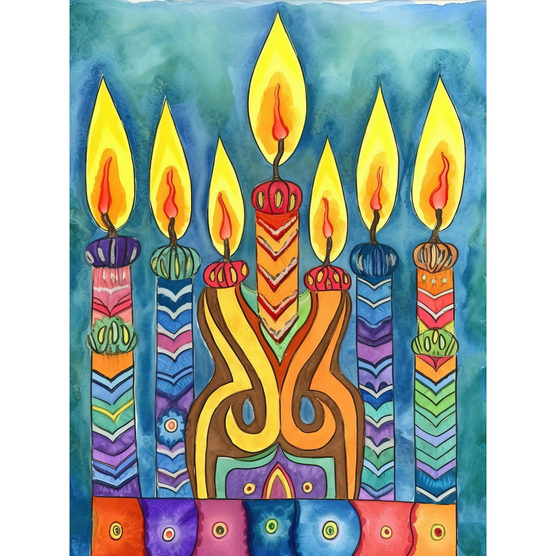 Jewish Menorah Candle Patterns Folk Art Watercolour Painting Extra ...
