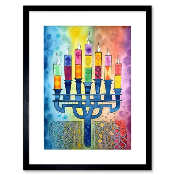 Jewish Menorah Candles Multicolour Folk Art Watercolour Painting Artwork Framed Print Wall Art 9X7 Inch