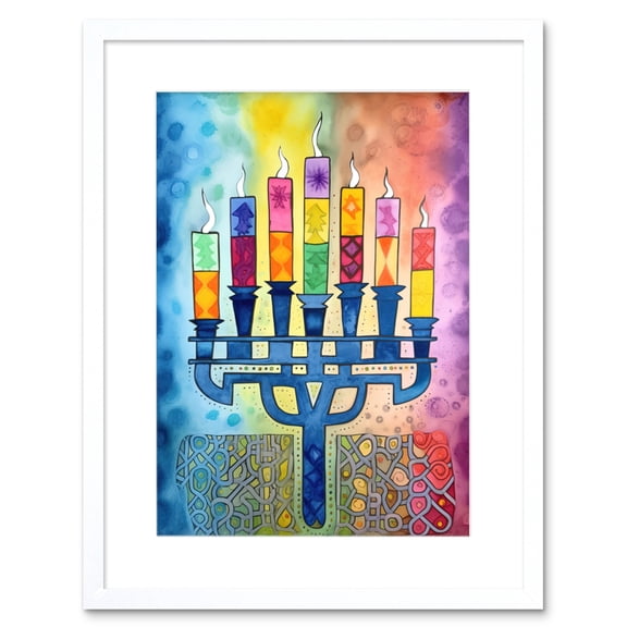 Jewish Menorah Candles Multicolour Folk Art Watercolour Painting Artwork Framed Print Wall Art 9X7 Inch