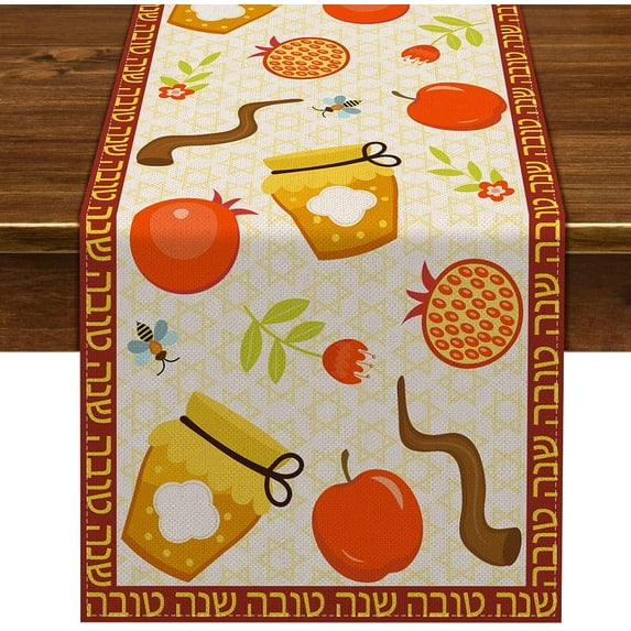 Jewish Menorah Hexagram Printed Table Runner New Year Pomegranate Kitchen Table ration Home Party r Table Runner