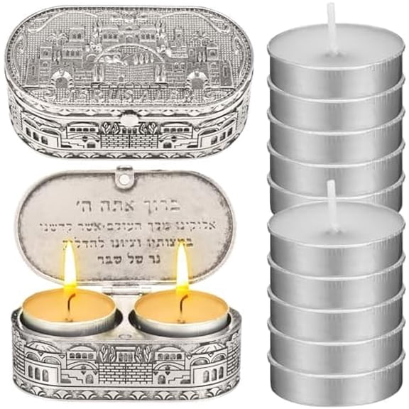 Jewish Shabbat Metal Travel Candle Holders Travel Size Jerusalem Candlesticks with 10 Pcs Mini Tealight Candles White Votive Tea Lights Candles Unscented Set for Home Shabbat (Rectangle)