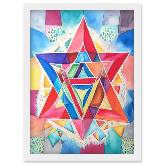 Jewish Star Of David Bright Multicoloured Folk Art Watercolour Painting Artwork Framed Wall Art Print A4