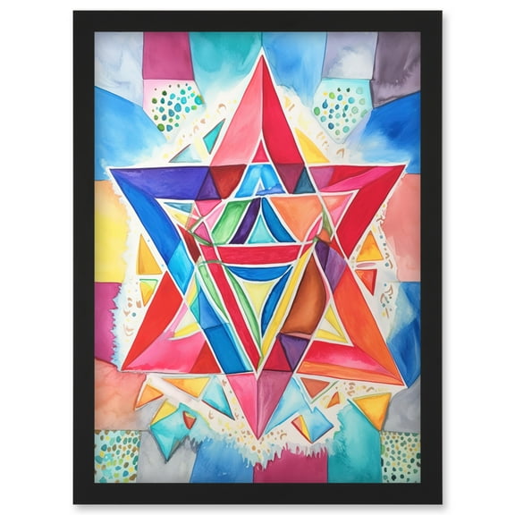 Jewish Star Of David Bright Multicoloured Folk Art Watercolour Painting Artwork Framed Wall Art Print A4