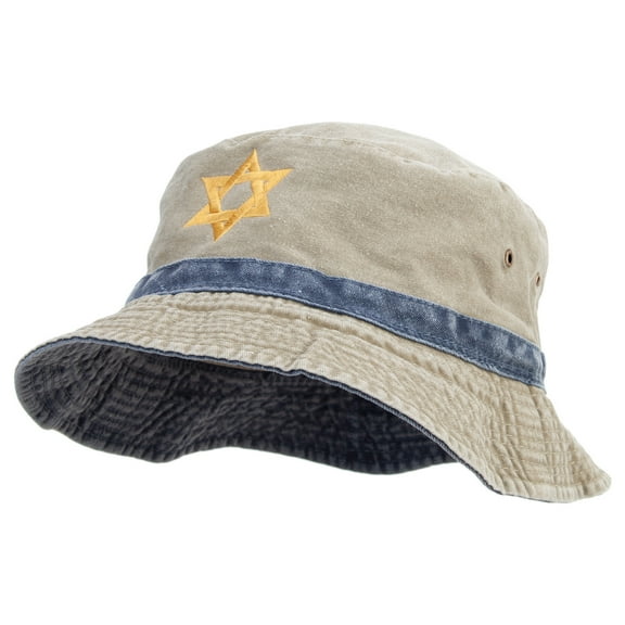 Jewish Star of David Embroidered Big Size Reversible Bucket Hats - Khaki Navy 2XL-3XL
