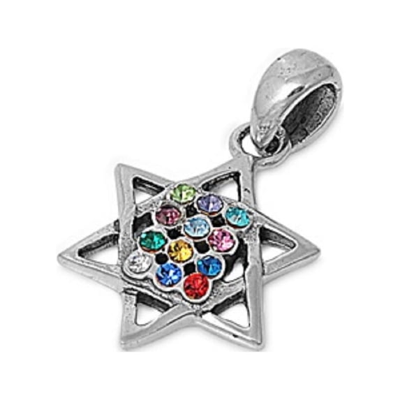 Jewish Star of David Multicolor Cubic Zirconia Pendant Sterling Silver