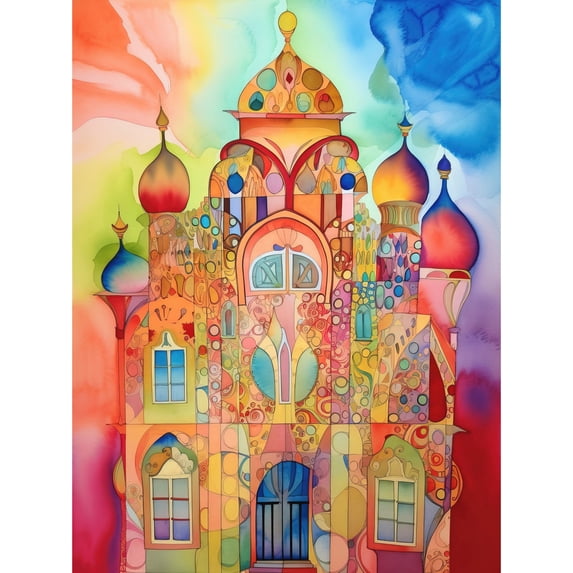 Jewish Synagogue Decorated Building Vibrant Folk Art Watercolour Painting Unframed Wall Art Print Poster Home Decor Premium