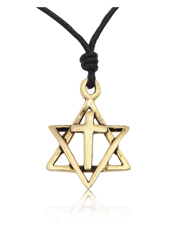 Jewish for Jesus Star of David Cross Handmade Brass Necklace Pendant Jewelry With Cotton Cord