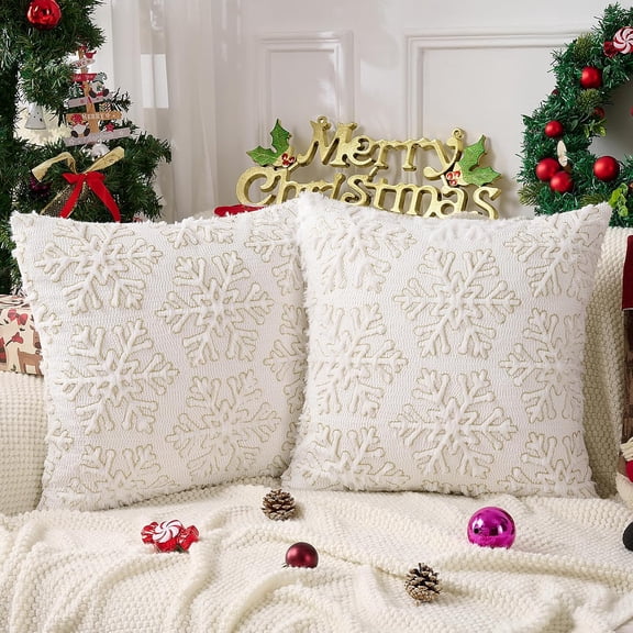 Jewlalo Christmas Throw Pillow Covers 18x18 Set of 2, White Golden Snowflakes Decorative Pillow Cases Soft Plush Faux Fur Wool Couch Cushion Case for Couch Bed Sofa Living Room Home Decor
