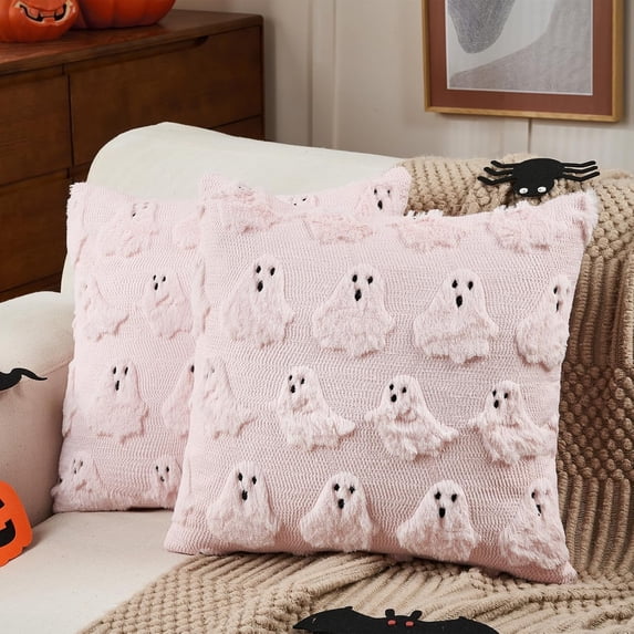 Jewlalo Halloween Throw Pillow Covers 18x18 Set of 2, Spooky Ghost Pink Decorations Pillow Cases Soft Plush Faux Fur Wool Couch Cushion Case for Couch Bed Sofa Living Room Home Decor