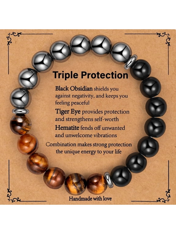 10mm Energy Beads Bracelet for Men Natural Black Obsidian Hematite Tiger Eye Triple Protection Bracelet Anxiety Relief Jewelry Gifts Ideal for Dad Husband