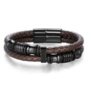 JEWMON Mens Bracelet Black Link Stainlee Steel and Leather Bracelet for Men Son and Dad's Gift