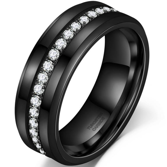 Jewmon 8mm Simulated Diamond Inlay Tungsten Men's Ring Black Tungsten Carbide Ring CZ Wedding Band