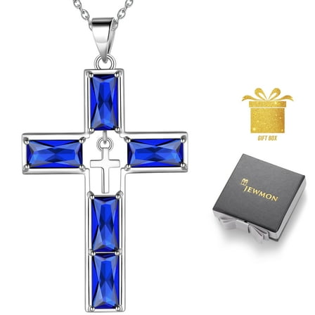 Jewmon 925 Sterling Silver Birthstone Cross Necklace for Men 5A Cubic Zirconia Baguette Birthstone Necklace for Women September Birthday Gifts
