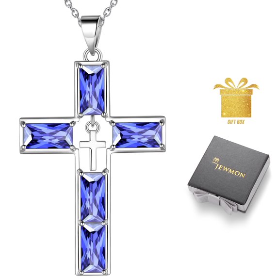 Jewmon 925 Sterling Silver Cross Necklace December Birthstone Cross Pendant Necklace for Women Mens Couples Birthday Christmas Anniversary Gifts