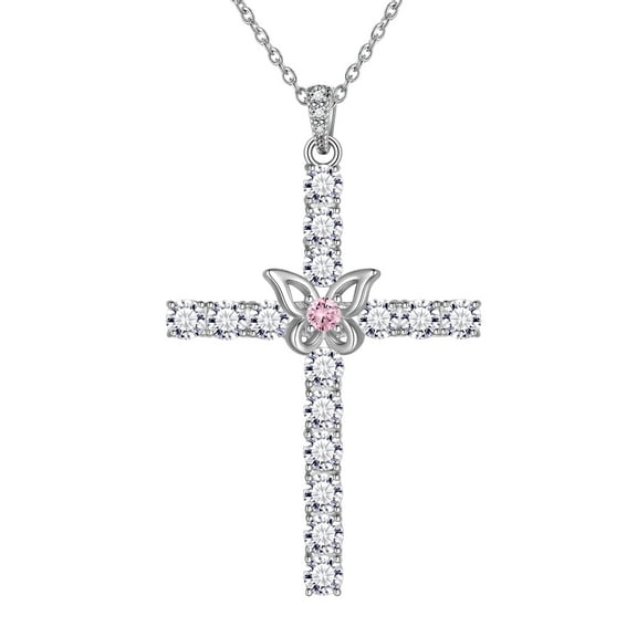 Jewmon 925 Sterling Silver Butterfly Cross Necklace for Women 5A Cubic Zirconia Butterfly Pendant Chain Wedding Birthday Jewelry Gifts Ideas Mom Daughter Friends