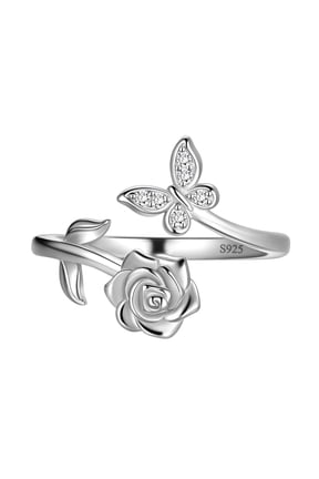925 Sterling Silver Elegant Rose Flower Ring for Women Butterfly Open Ring Valentine Day Gift for Girlfriend Wife