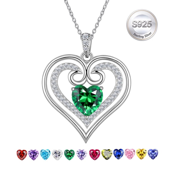 Jewmon 925 Sterling Silver Heart Birthstone Necklace Women Mothers Day Gifts for Mom Daughter Grandma Birthday Christmas Jewelry Gifts