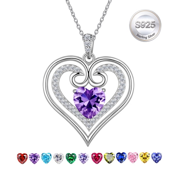 Jewmon 925 Sterling Silver Love Heart Necklace for Women February Birthstone Amethyst Pendant Chain Romantic Valentine Day Gifts for Wife Girlfriend