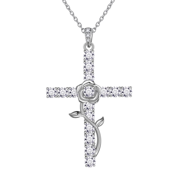 Jewmon 925 Sterling Silver Rose Cross Necklace for Women 5A Cubic Zirconia Rose Flower Pendant Chain  Jewelry Birthday Valentines Day Gifts for Her Wife Girlfriend Mom