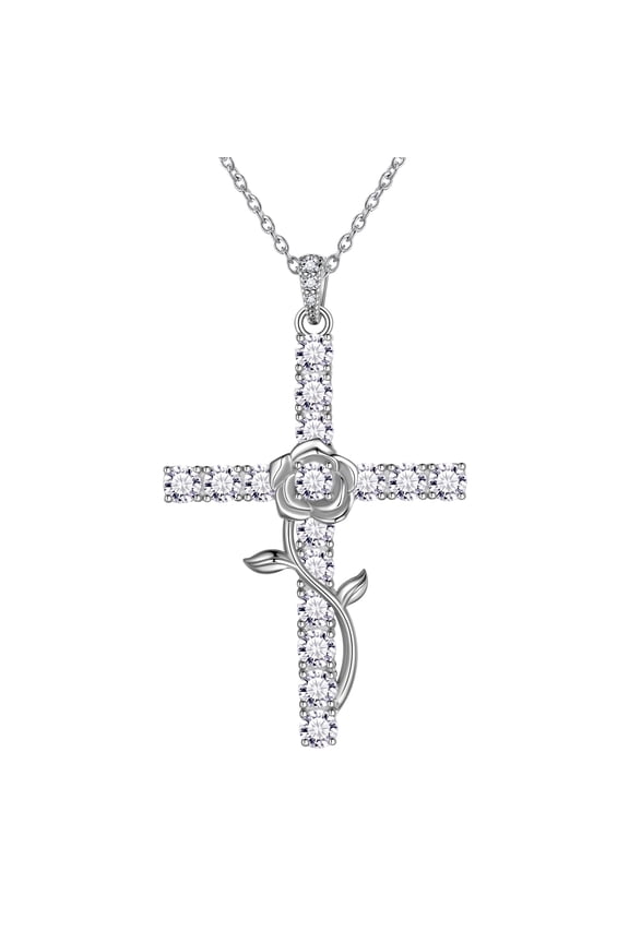 925 Sterling Silver Rose Cross Necklace for Women 5A Cubic Zirconia Rose Flower Pendant Chain  Jewelry Birthday Valentines Day Gifts for Her Wife Girlfriend Mom