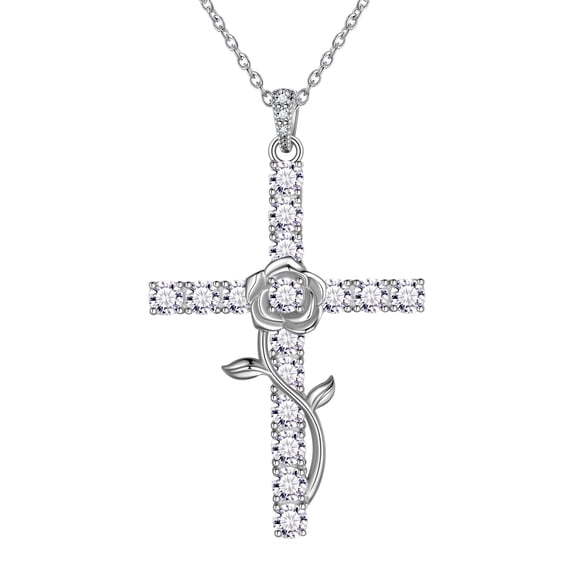 Jewmon 925 Sterling Silver Rose Cross Necklace for Women 5A Cubic Zirconia Rose Flower Pendant Chain Jewelry Birthday Valentines Day Gifts for Her Wife Girlfriend Mom