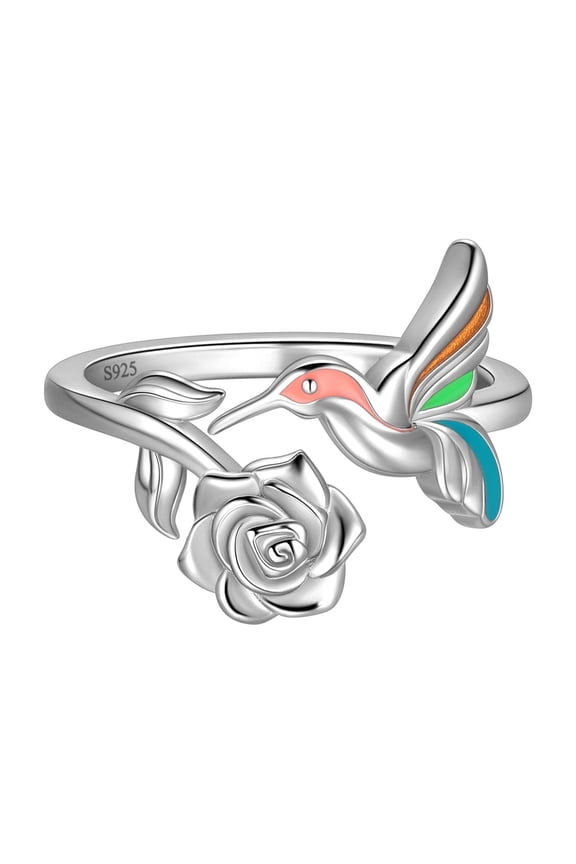 925 Sterling Silver Rose Flower Ring Adjustable Cute Animal Hummingbird Band Ring Gifts Ideas for Women Mom Daughter Wife Girlfriend