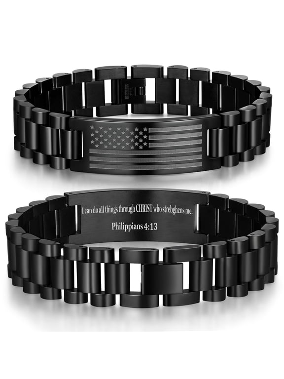American Flag Watch Link Bracelet for Men Stainless Steel Engraved PHILIPPIANS 4:13 Bible Verse Bracelet Christian Jewelry Christmas Gift for Dad Son