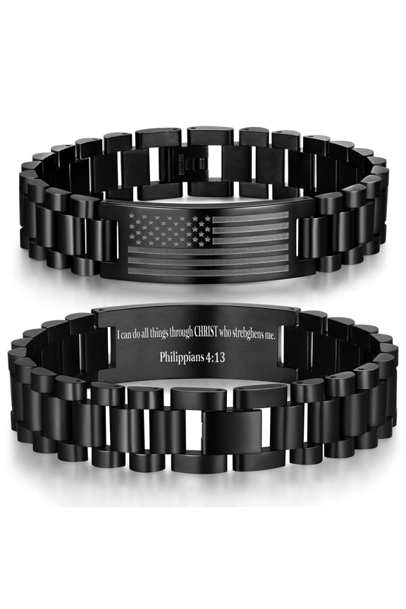 American Flag Watch Link Bracelet for Men Stainless Steel Engraved PHILIPPIANS 4:13 Bible Verse Bracelet Christian Jewelry Christmas Gift for Dad Son
