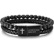 JEWMON Bible Verse Cross Bracelet for Mens Stainless Steel Natural Lava Rock Beads Leather Bracelet Inspirational Birthday Gifts for Son