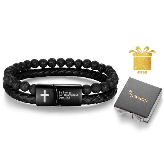 Jewmon Bible Verse Cross Bracelet for Men Stainless Steel Lava Rock Bead Leather Cuff Bracelet Christian Jewelry