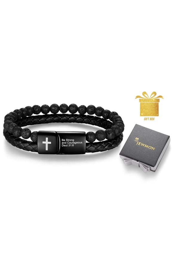 Bible Verse Cross Bracelet for Men Stainless Steel Lava Rock Bead Leather Cuff Bracelet Christian Jewelry