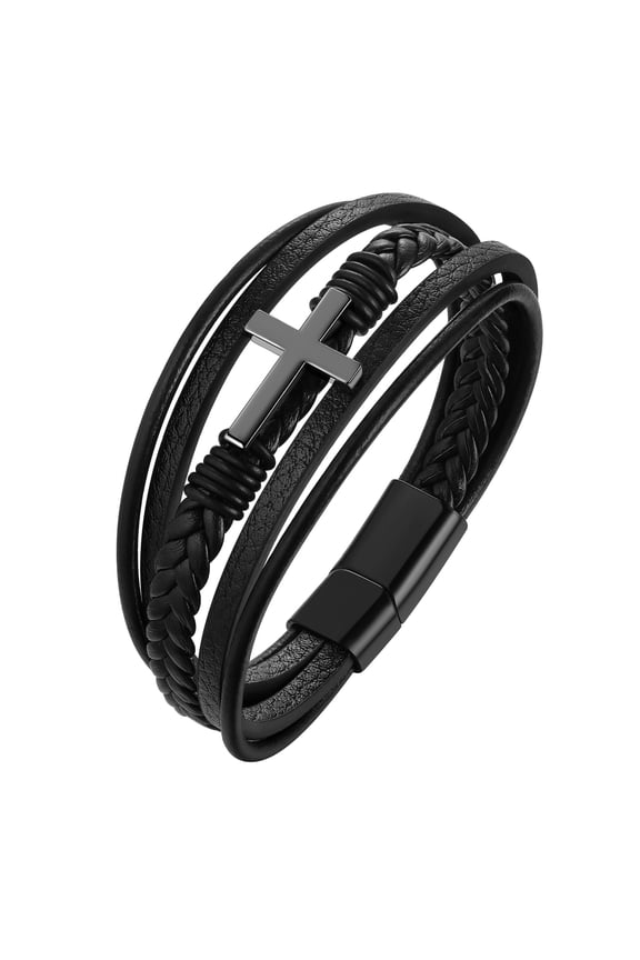 Black Leather Bracelet for Men Stainless Steel Cross Bracelet Christian Protection Jewelry