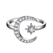Jewmon Crescent Moon Ring for Women Cubic Zirconia Iced Out Moon Star Ring Celestial Ring Jewelry