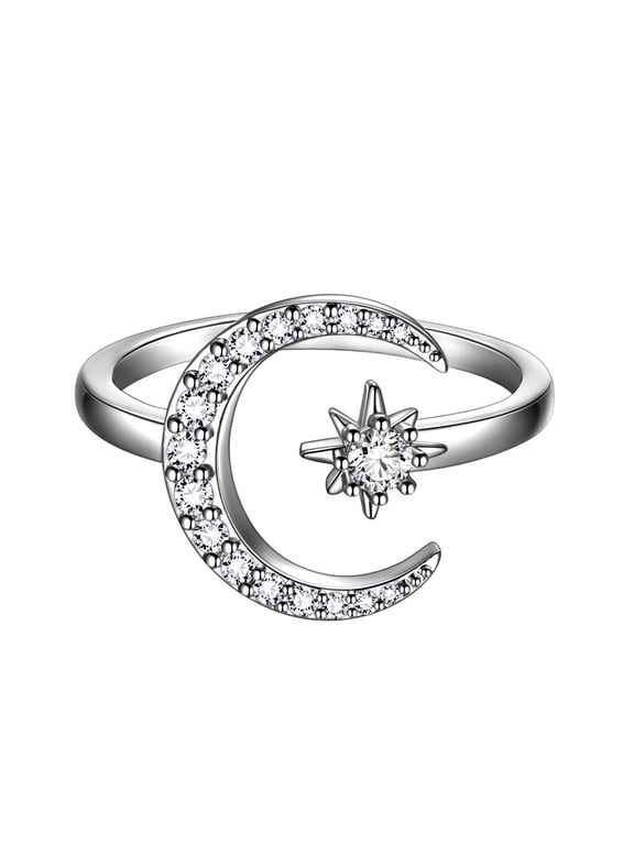 Crescent Moon Ring for Women Cubic Zirconia Iced Out Moon Star Ring Celestial Ring Jewelry