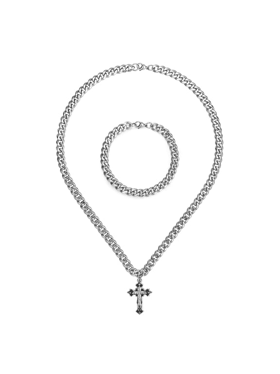 Cuban Link Chain Necklace and Bracelet Set Mens Cross Pendant Jewelry Valentines Day Gifts for Him Boyfriend Husband