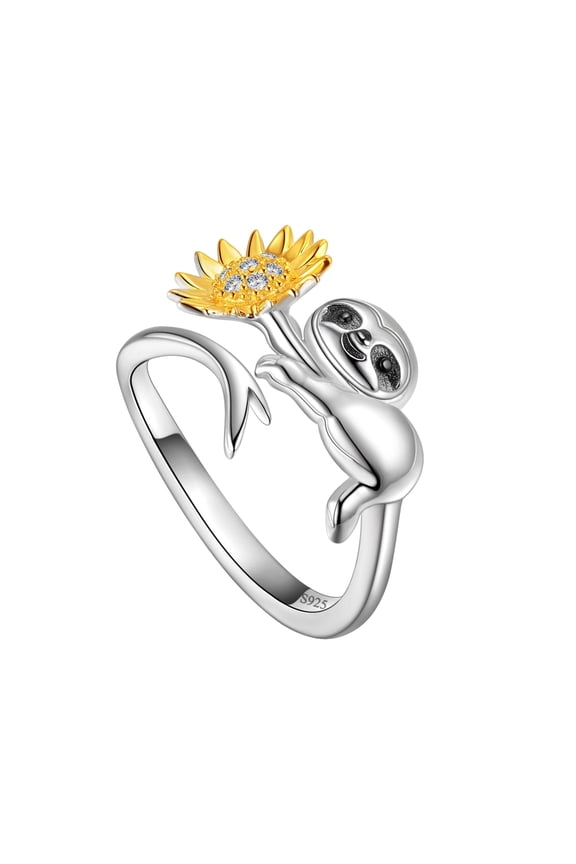 Cute Animal Sloth Ring for Women 925 Sterling Silver Adjustable Sloth Sunflower Ring Jewelry Gifts Ideas for Daughter Friends